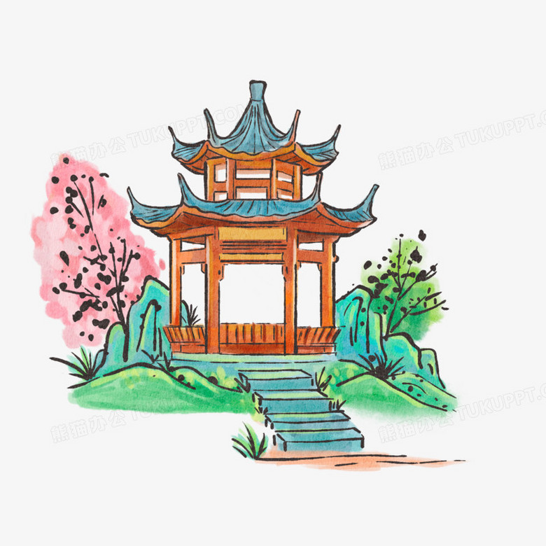 手绘水墨凉亭亭子免抠元素