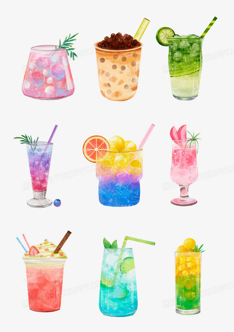 一组手绘水彩卡通夏天冰爽奶茶饮料套图素材