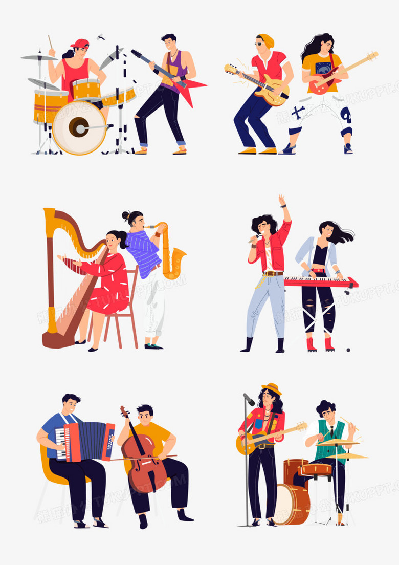 一组矢量卡通扁平风音乐演奏表演合集素材