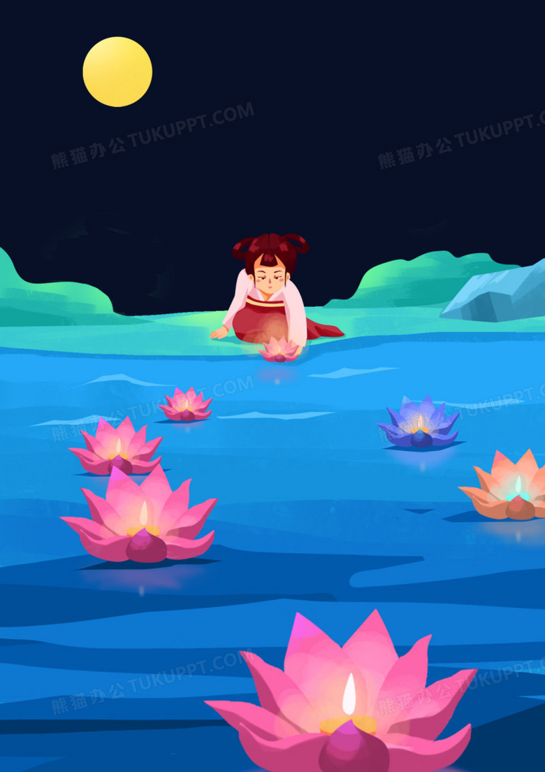 本作品全称为《卡通风彩色小女孩放河灯创意元素》,由迷南文化传媒