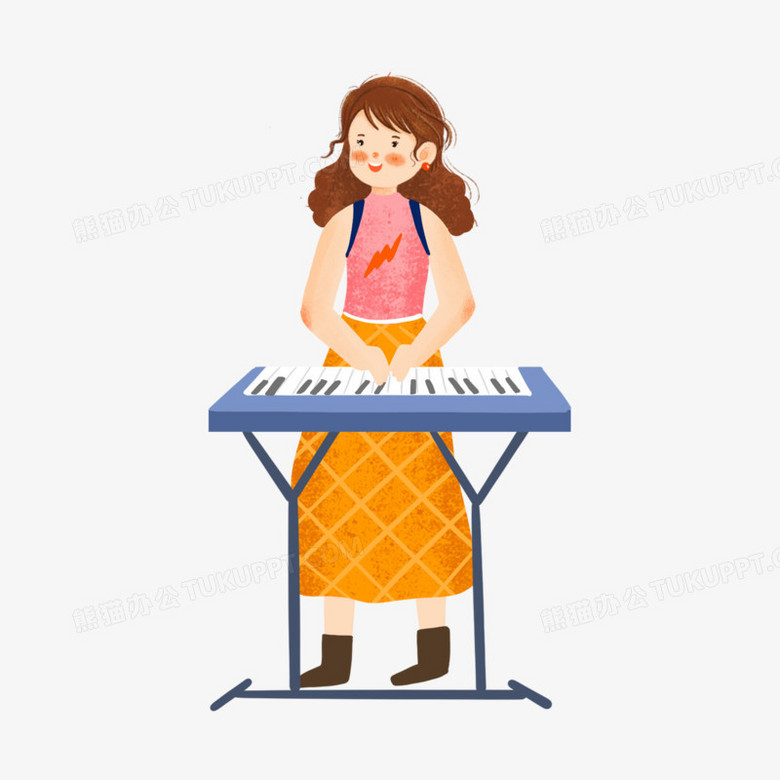 卡通手绘免抠弹钢琴的女孩素材