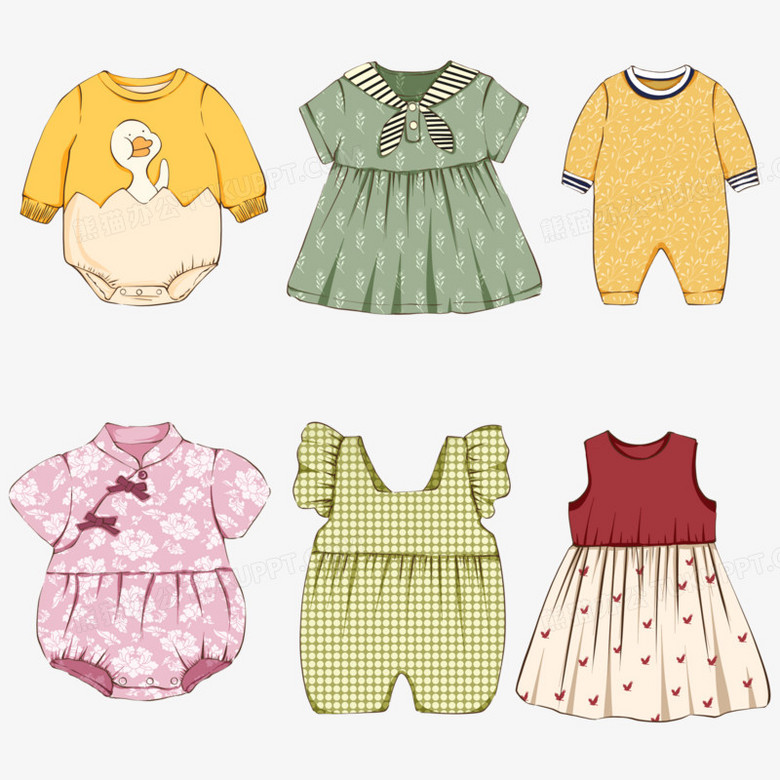 一组卡通线描风婴儿服饰合集素材