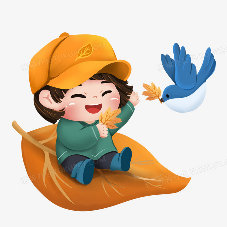 手绘插画风小男孩坐在树叶上和小鸟打招呼免抠元素