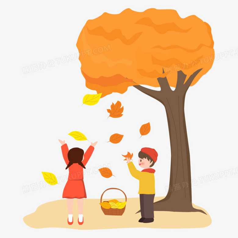 卡通扁平捡树叶的孩子们免抠元素