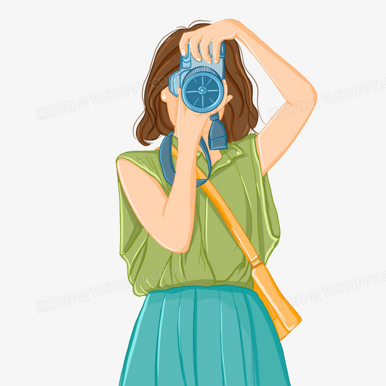 手绘卡通女孩拿着相机拍摄素材