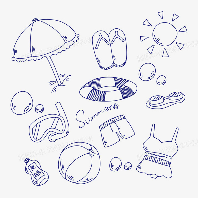 手绘线描夏天用品底纹元素