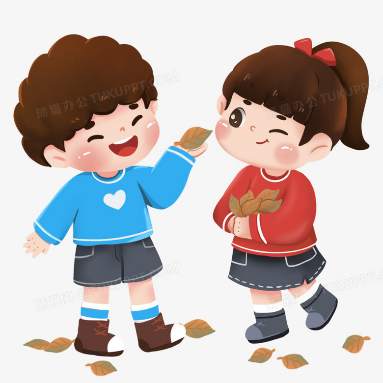 手绘卡通小朋友们一起捡落叶免抠素材