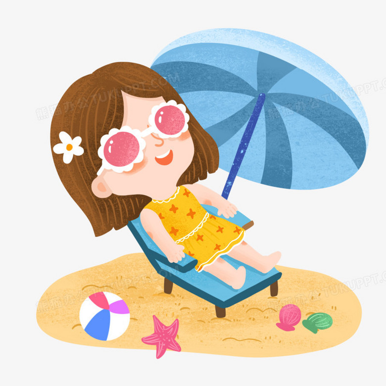 手绘卡通小孩晒日光浴插画免抠元素