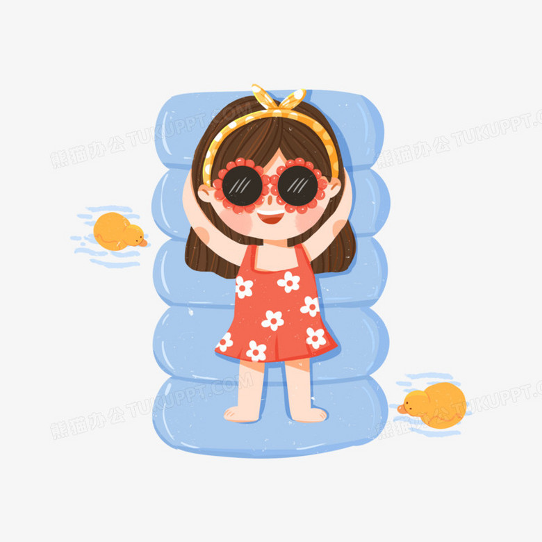 卡通手绘可爱晒日光浴的小女孩插画元素