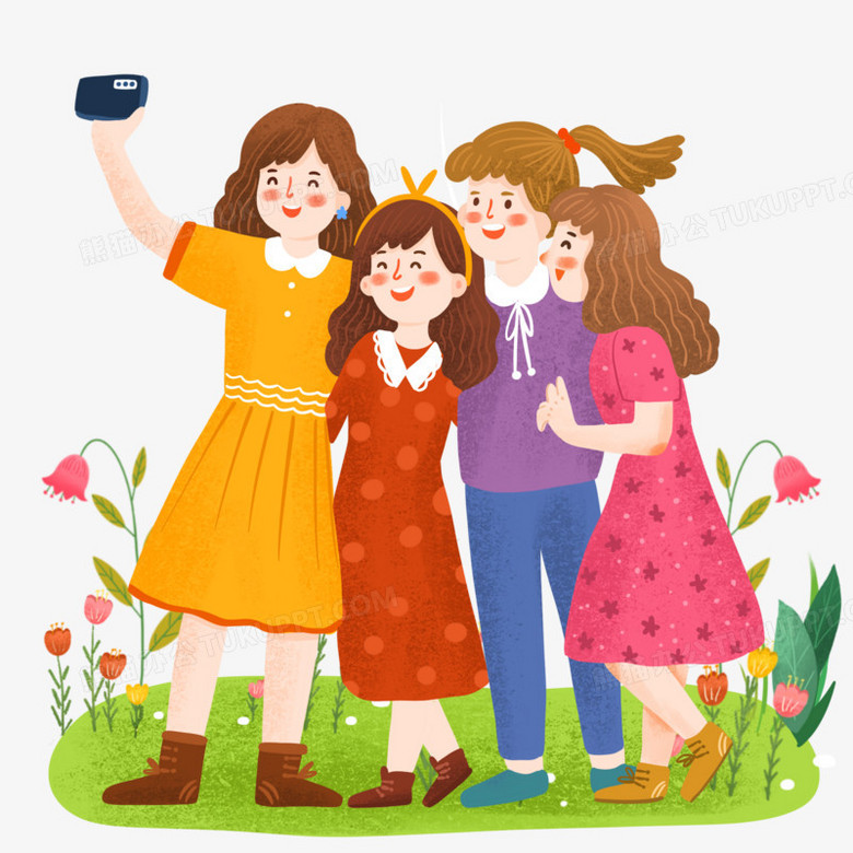 手绘卡通闺蜜出游自拍插画免抠元素png图片素材下载_卡通png_熊猫办公