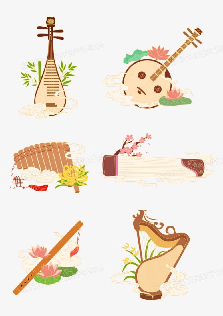 本作品全称为《卡通风彩色一组国风中式乐器合集套图创意元素》,使用