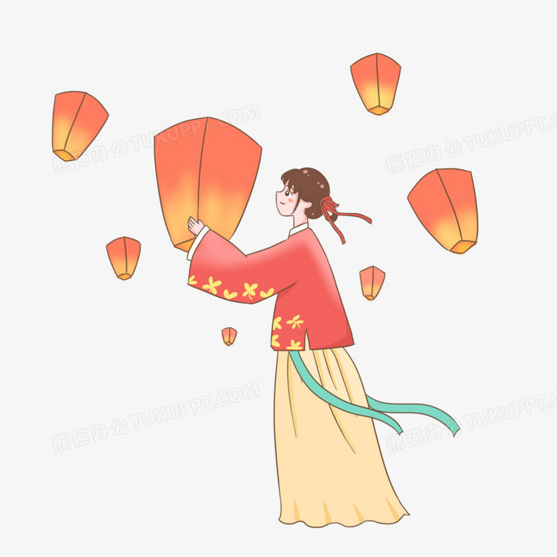 手绘卡通女孩儿放孔明灯元素