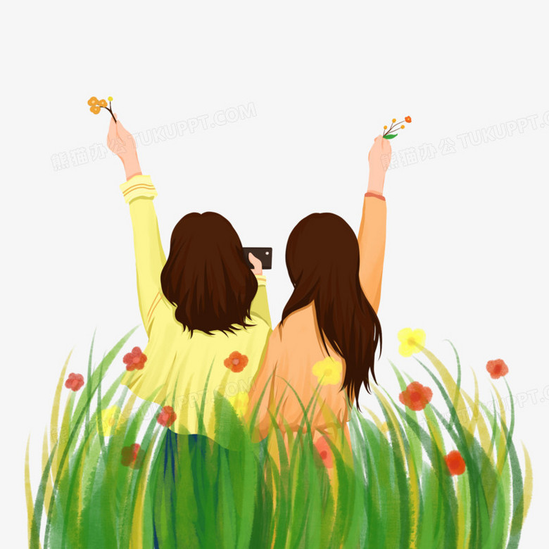 本作品全称为《卡通风彩色闺蜜在花丛中摄影的背影创意元素》,由迷南