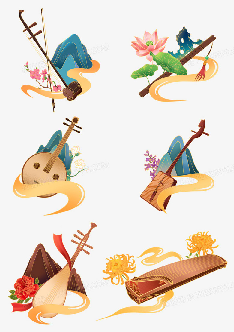一组手绘中式国潮风传统乐器套图免抠元素