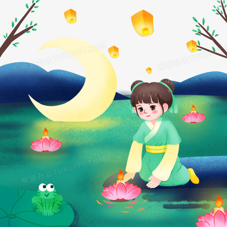 手绘插画风古代少女在湖边放河灯祈福元素