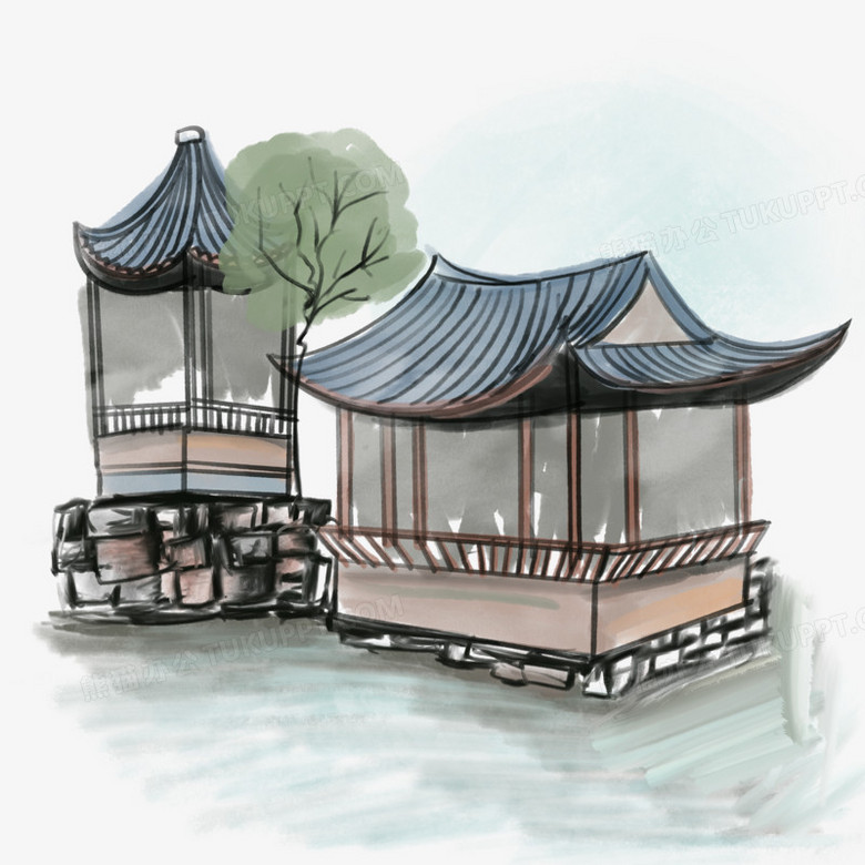 手绘水墨亭台楼阁免抠元素