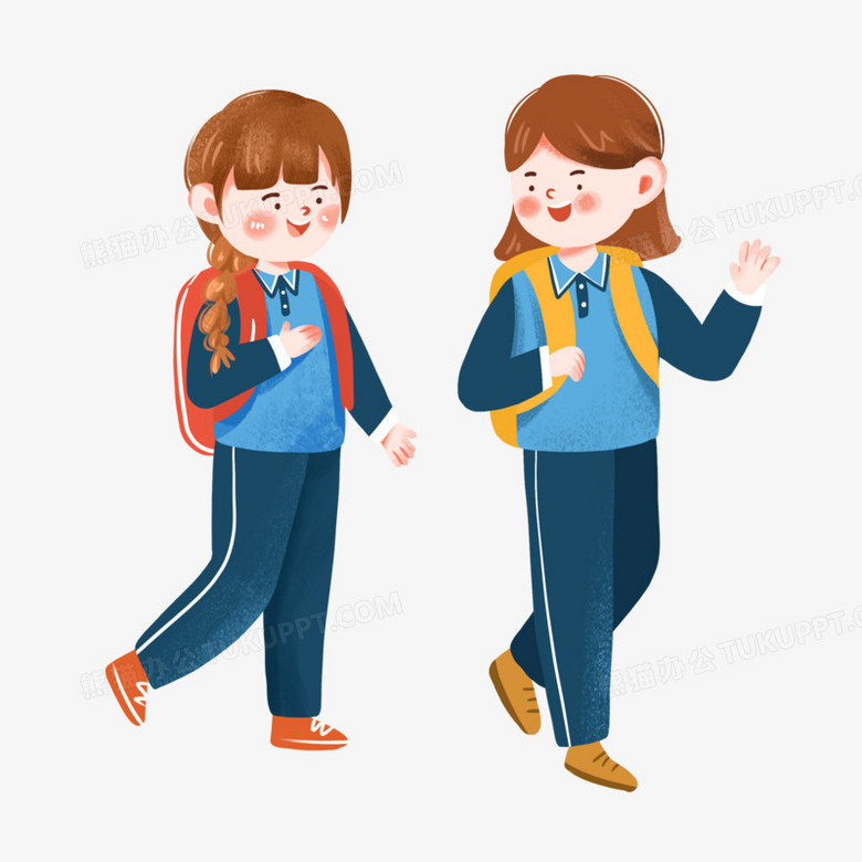 手绘卡通学生一起结伴上学说话免抠元素
