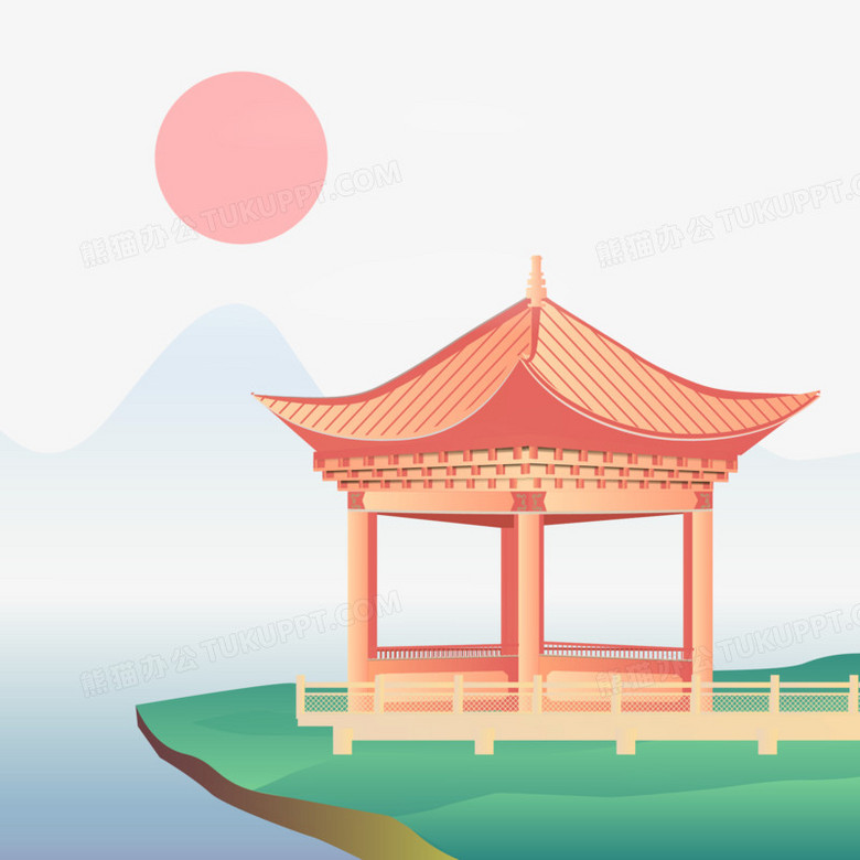 作品以白色为背景,设计了彩色亭台楼阁建筑,整体呈现国潮风.