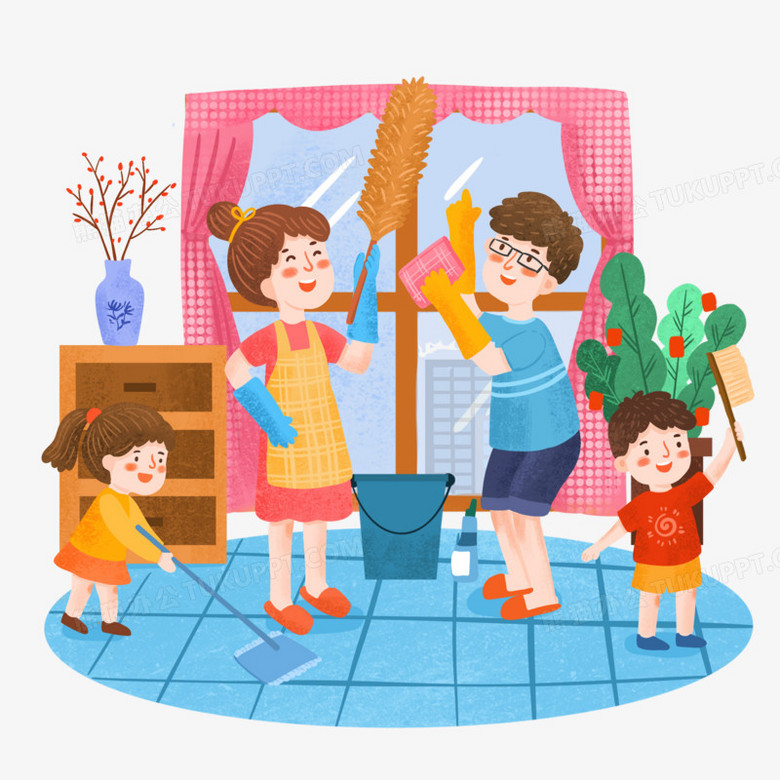 手绘卡通一家人出动大扫除插画免抠元素