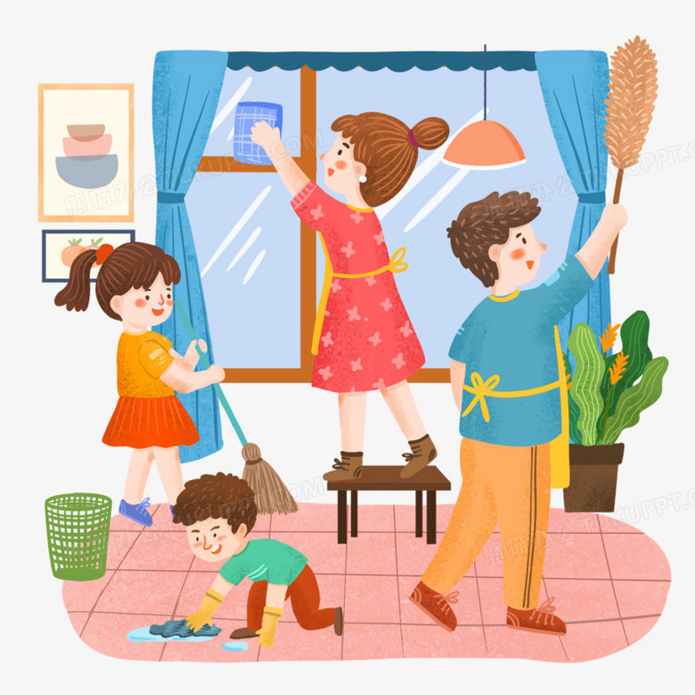 手绘插画风一家人出动大扫除免抠元素