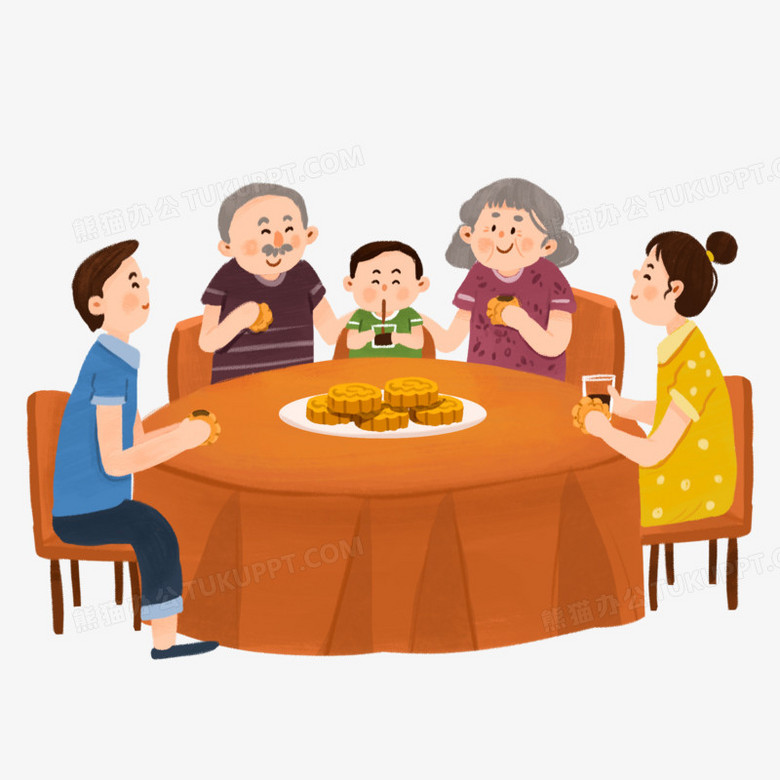 手绘插画风一家人吃月饼元素