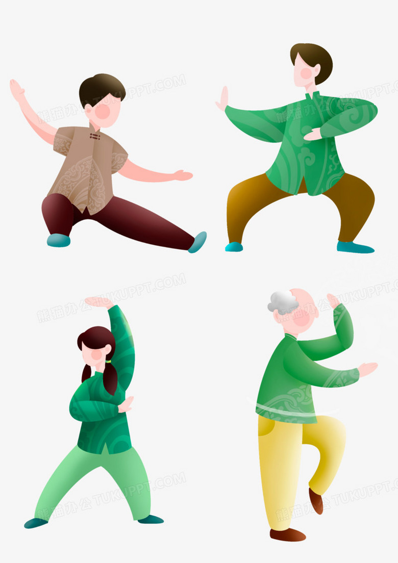 一组卡通插画风中华武功动作图示套图素材