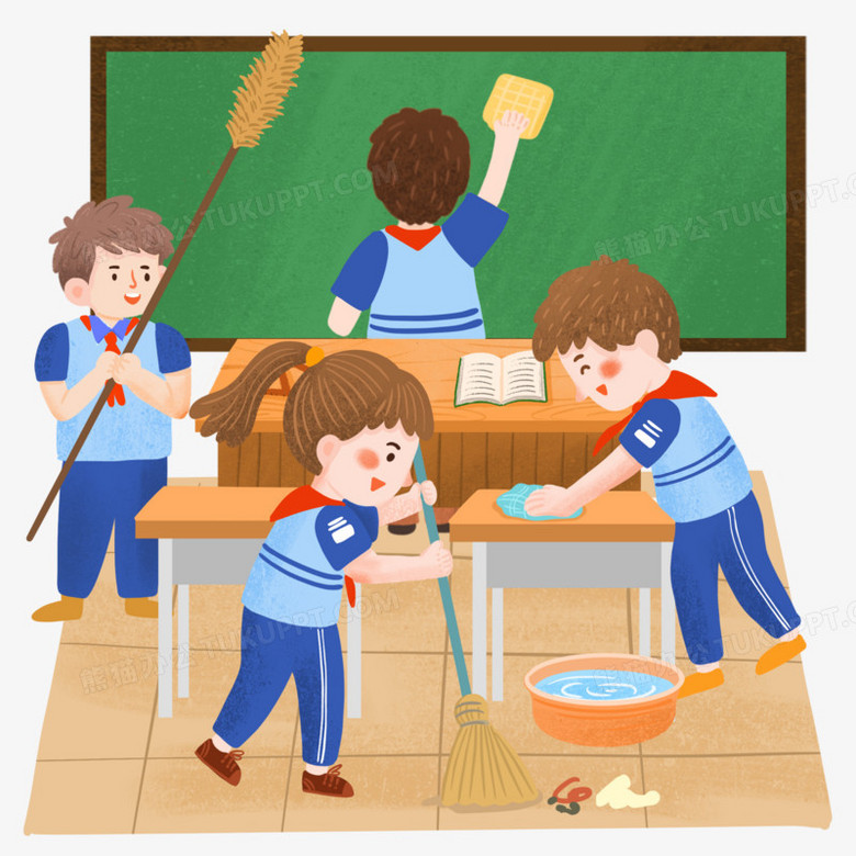 手绘卡通学生打扫课桌和扫地插画免抠元素