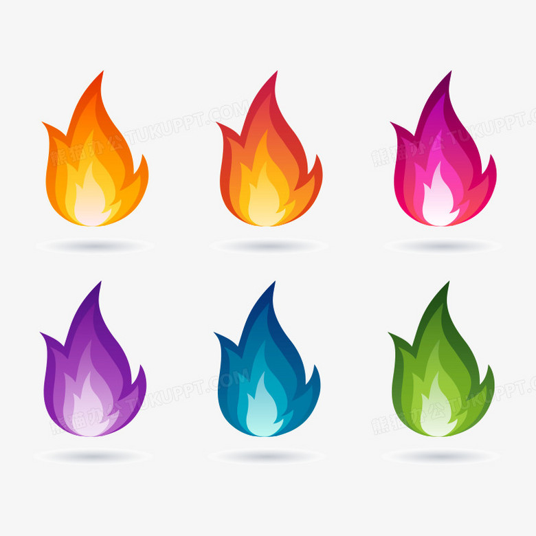 矢量六种颜色的火焰