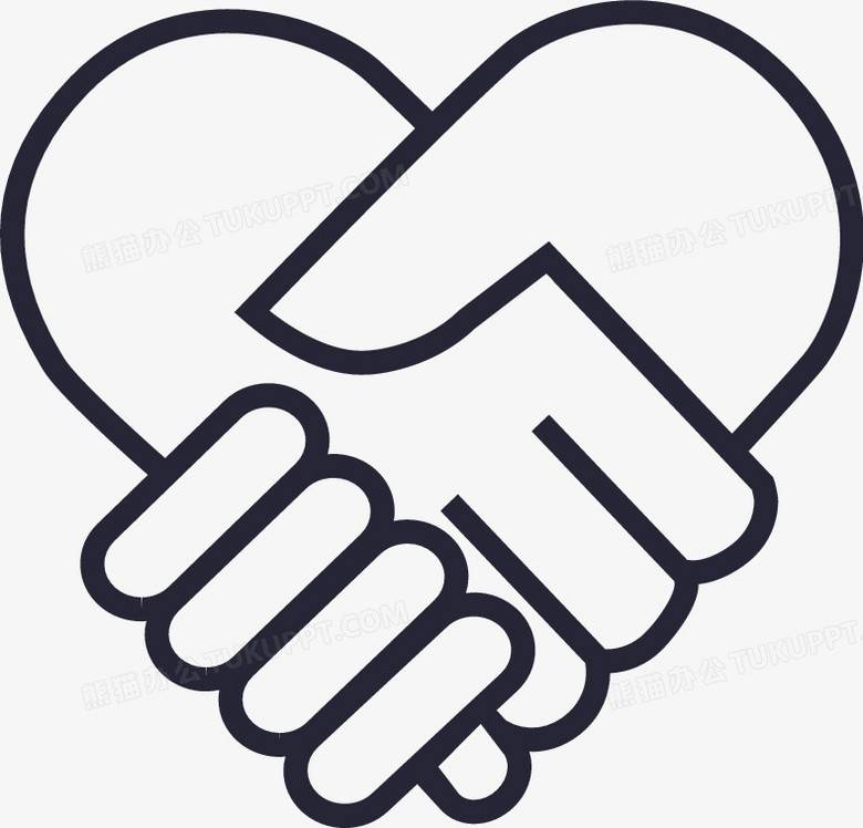 本作品全称为《黑色简约风两人握手爱心手势图标元素》,在整个配色上