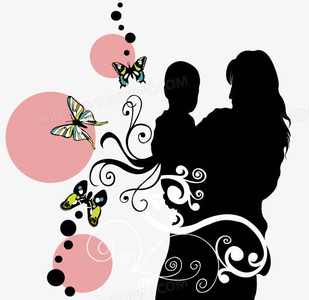 亲密的母子剪影与潮流花纹矢量素材