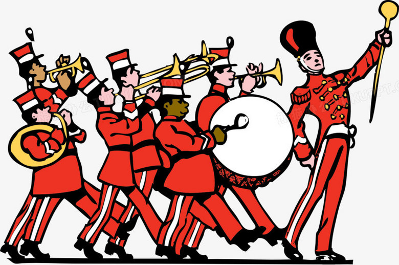 本作品全称为《红色卡通风威武行进的表演军乐队元素,在整个配色上