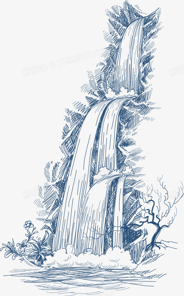 本作品全称为《蓝色卡通手绘壮观瀑布线稿创意元素》,在整个配色上