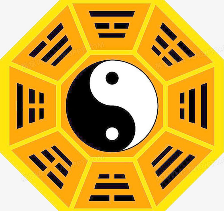 本作品全称为《黄色卡通风菱形方框五行八卦图创意元素》,在整个配色