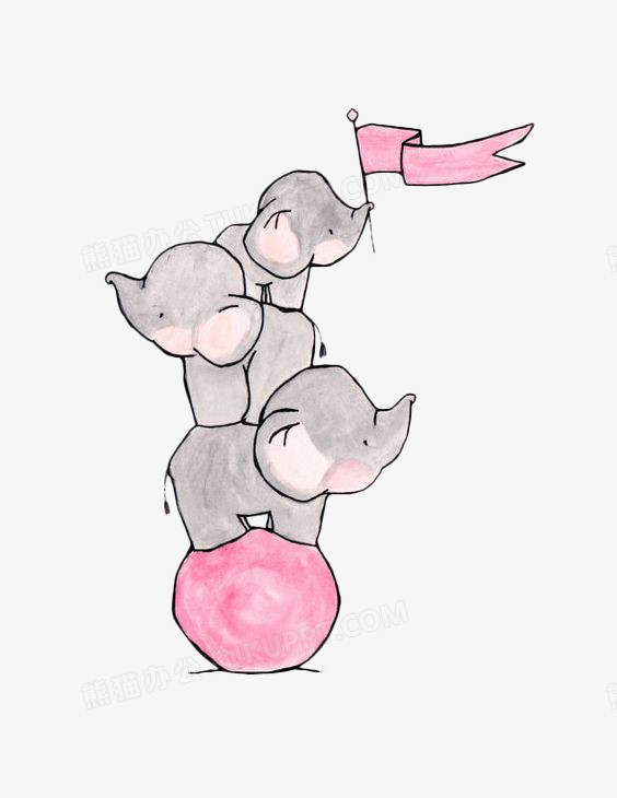 手绘三只可爱小象叠罗汉举小旗