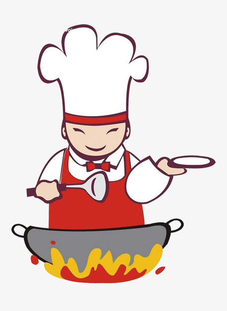 本作品全称为《红色卡通手绘炒菜的厨师创意元素》,在整个配色上使用