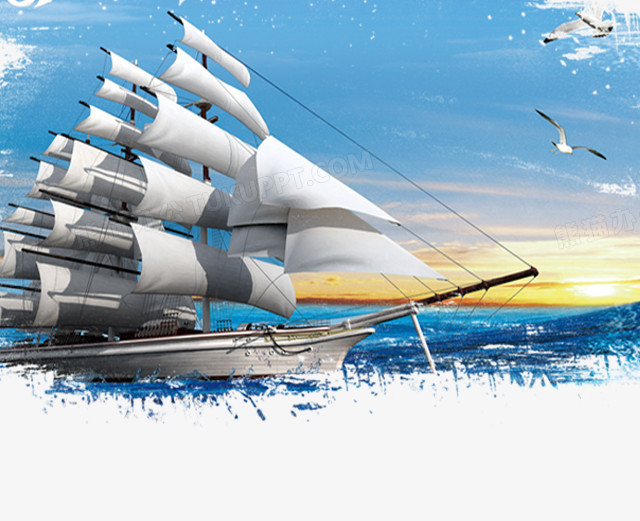 本作品全称为《蓝白色写实风帆船大海创意元素》,在整个配色上使用多