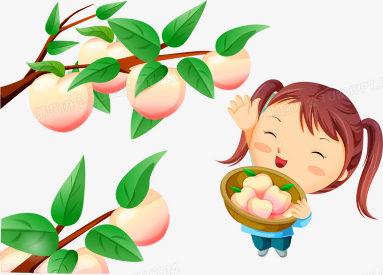本作品全称为《绿色卡通风摘桃子的可爱女孩创意元素》,使用adobe