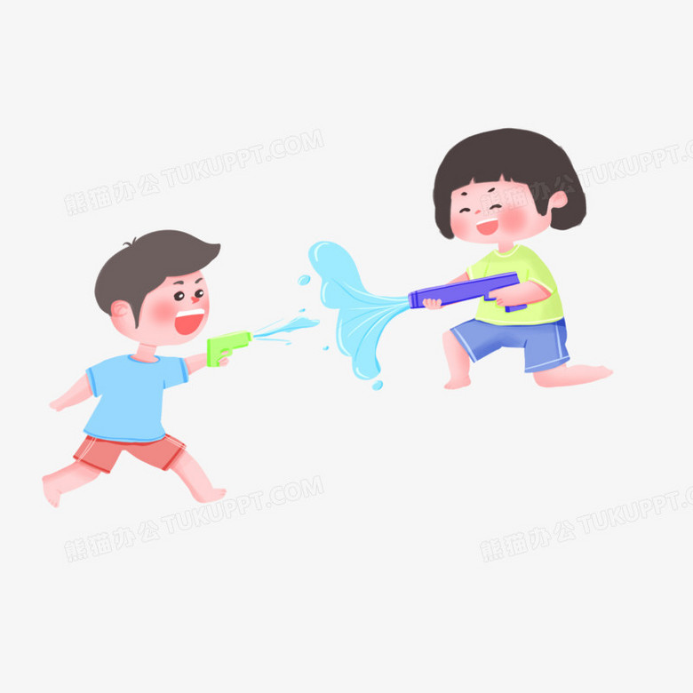 本作品全称为《卡通风彩色小伙伴打水仗滋水枪场景创意元素》,主要