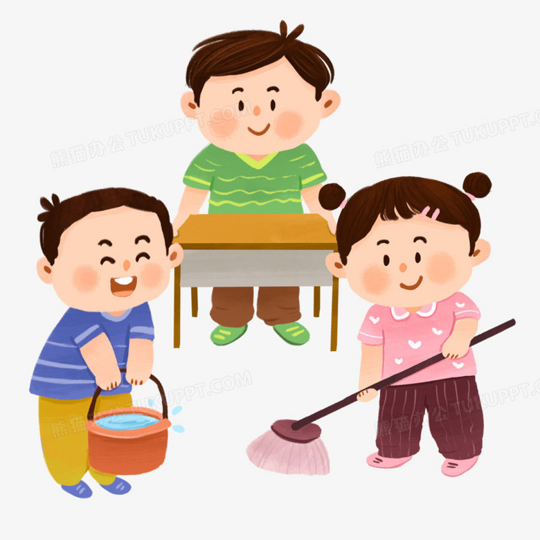 卡通学生打扫除拖地板搬桌子等元素