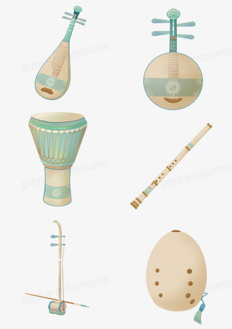 一组请色调手绘国风乐器套图免抠素材