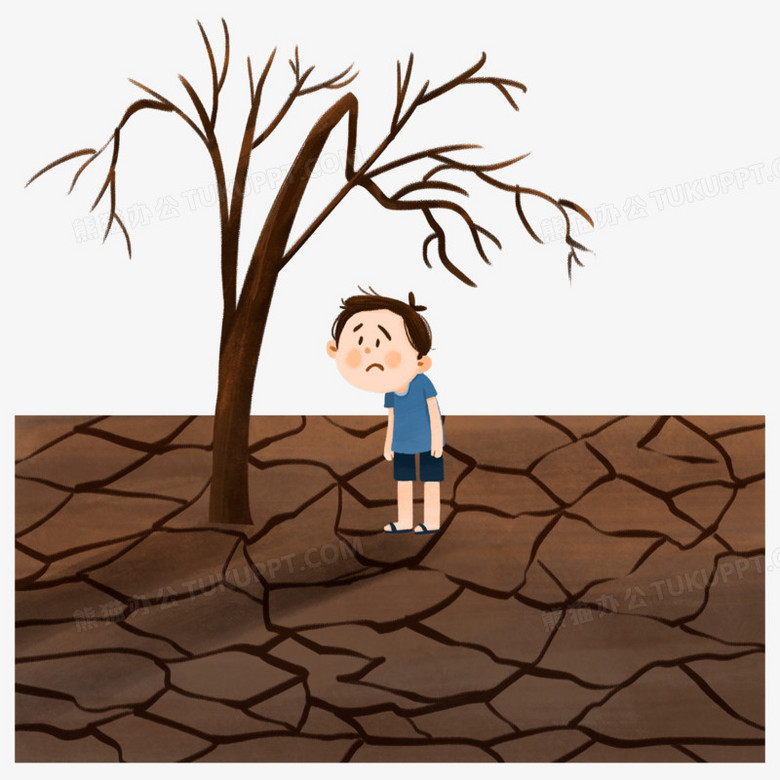 手绘小男孩无奈的看着干旱的环境元素