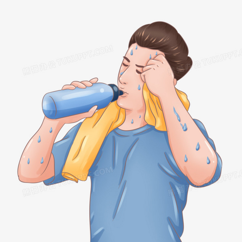 手绘男人擦汗大口喝水生活场景元素
