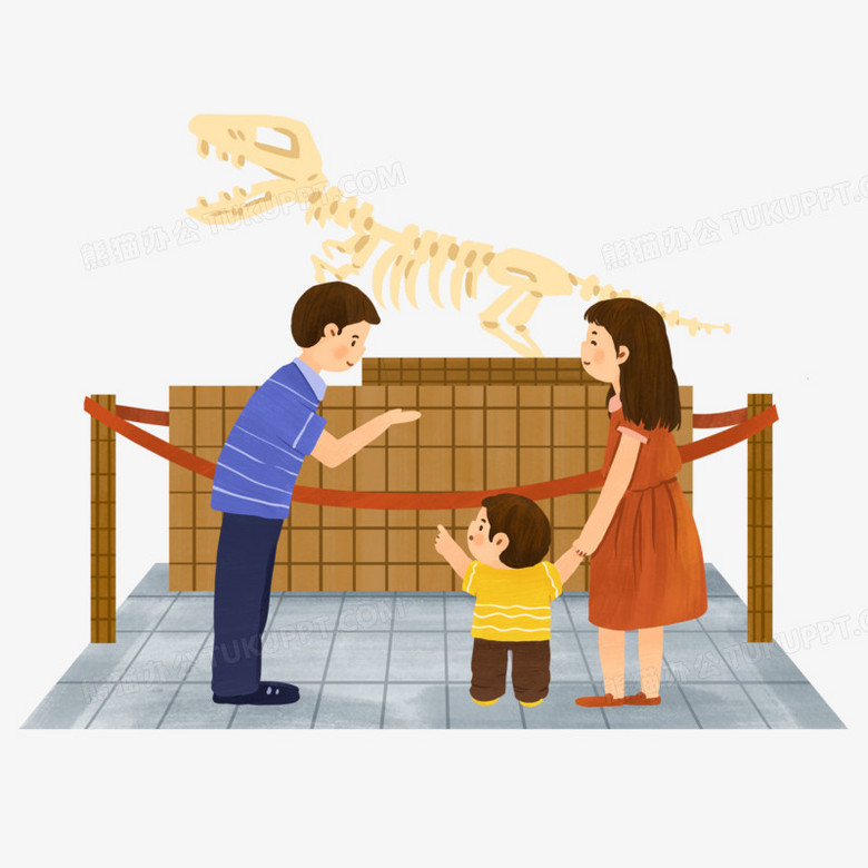 卡通一家人参观博物馆恐龙化石场景元素