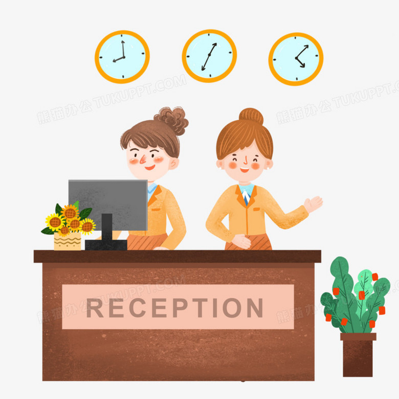 手绘卡通酒店前台插画免抠元素