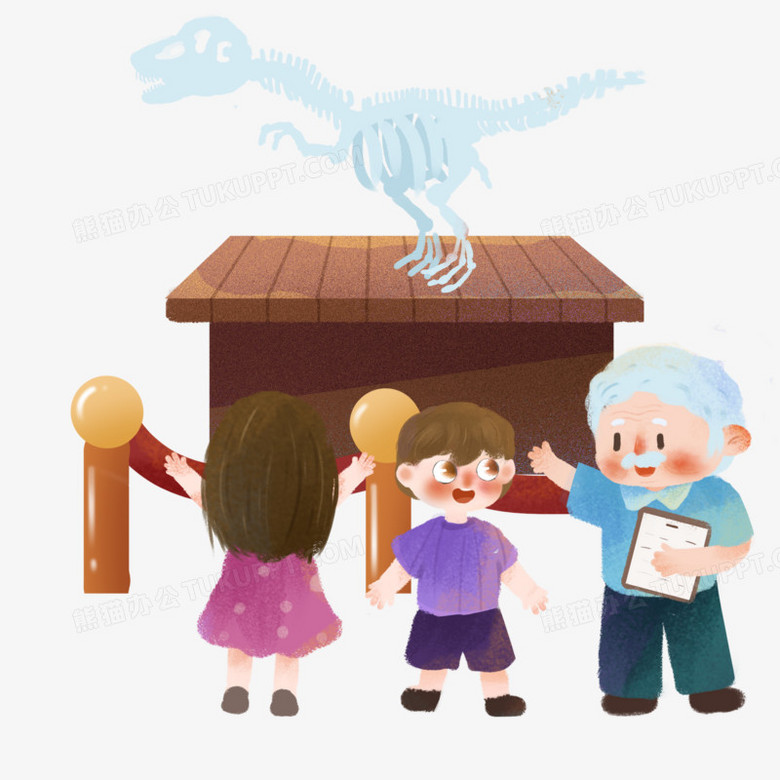 卡通手绘恐龙博物馆参观场景素材