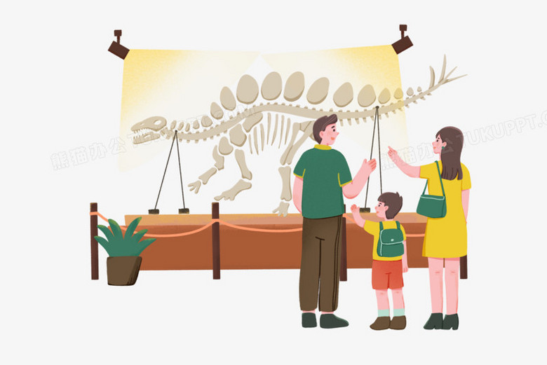 本作品全称为《卡通风彩色一家人参观博物馆场景创意元素》,由迷南