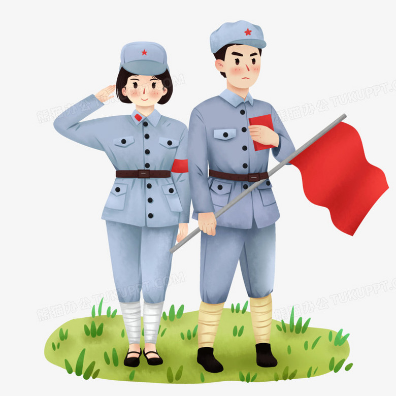 卡通手绘举着旗帜的军人元素