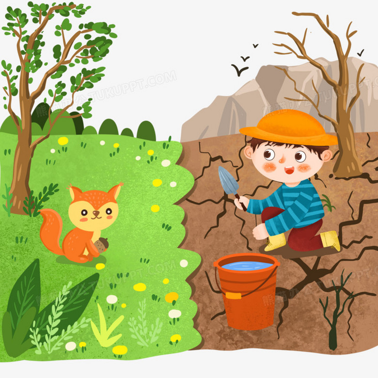 手绘卡通沙漠跟绿洲对比图免抠元素