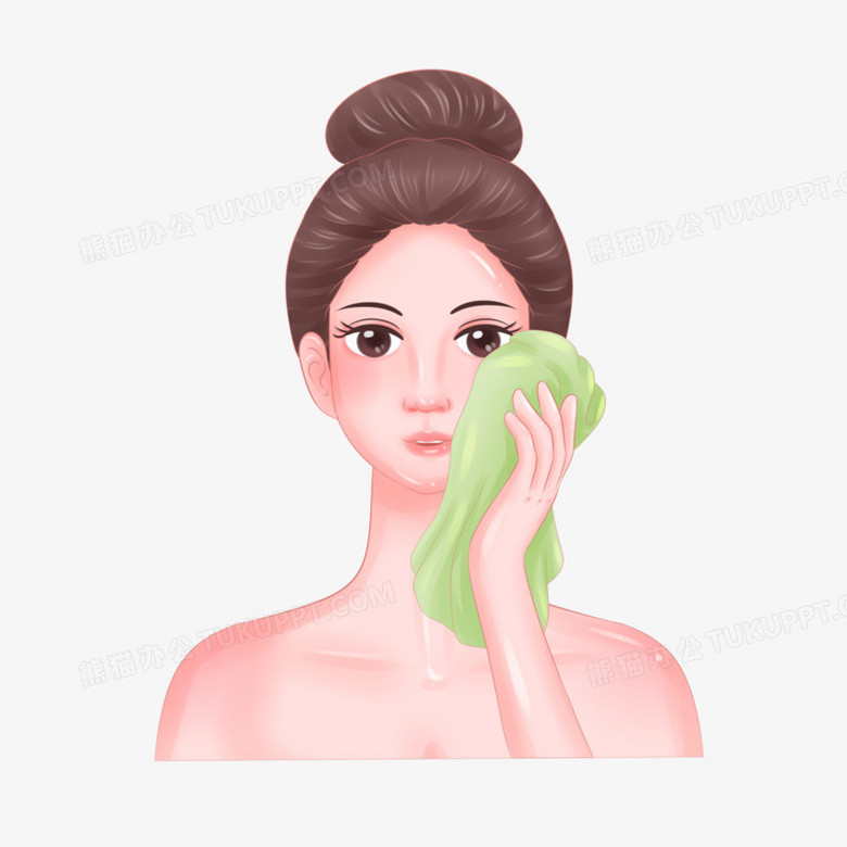 一组手绘插画风美女卸妆步骤之擦脸元素