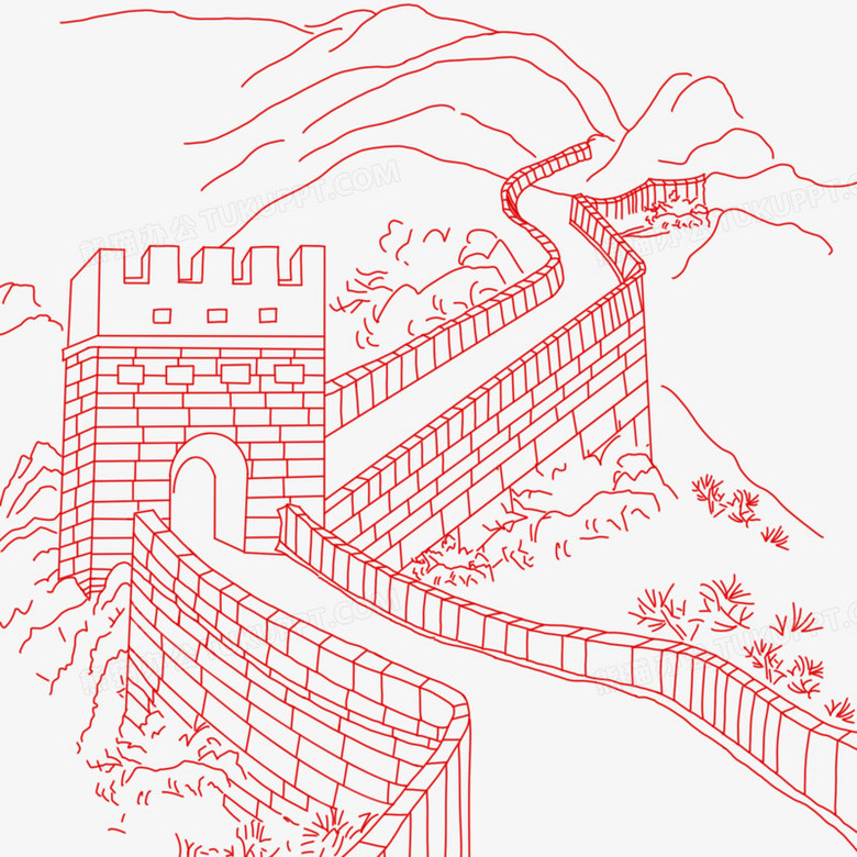 手绘线描万里长城素材
